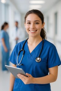 young nursing assistant in blue scrubs holding a tablet while standing in a hallway